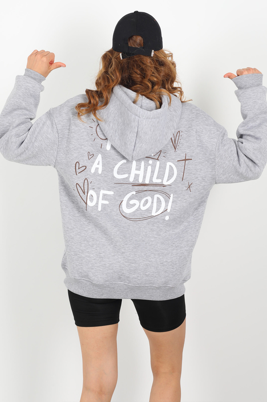 Ön Arka Baskılı Kapüşonlu Gri Kadın Üç İplik Sweat - 4