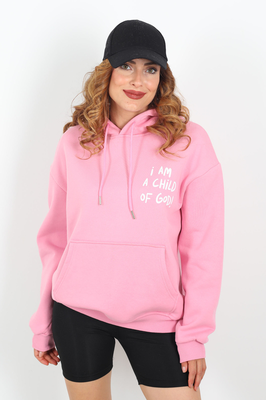 Ön Arka Baskılı Kapüşonlu Pembe Kadın Üç İplik Sweat - 1