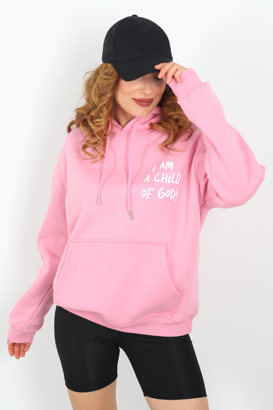 Ön Arka Baskılı Kapüşonlu Pembe Kadın Üç İplik Sweat - 2