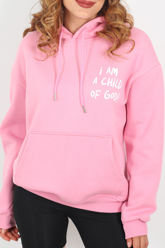 Ön Arka Baskılı Kapüşonlu Pembe Kadın Üç İplik Sweat - 3