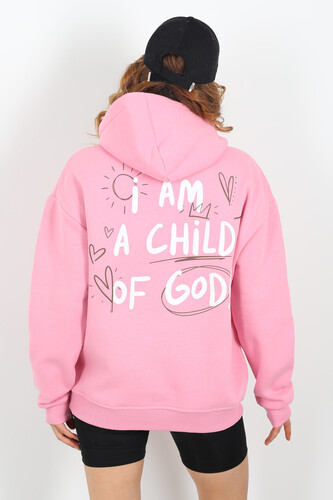 Ön Arka Baskılı Kapüşonlu Pembe Kadın Üç İplik Sweat - 4