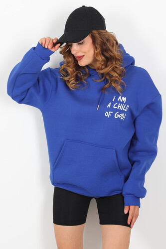 Ön Arka Baskılı Kapüşonlu Saks Mavisi Kadın Üç İplik Sweat - Berox (1)