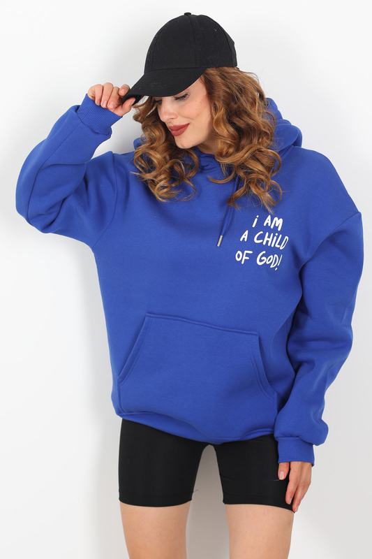 Ön Arka Baskılı Kapüşonlu Saks Mavisi Kadın Üç İplik Sweat - 2