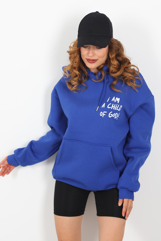 Ön Arka Baskılı Kapüşonlu Saks Mavisi Kadın Üç İplik Sweat - 3