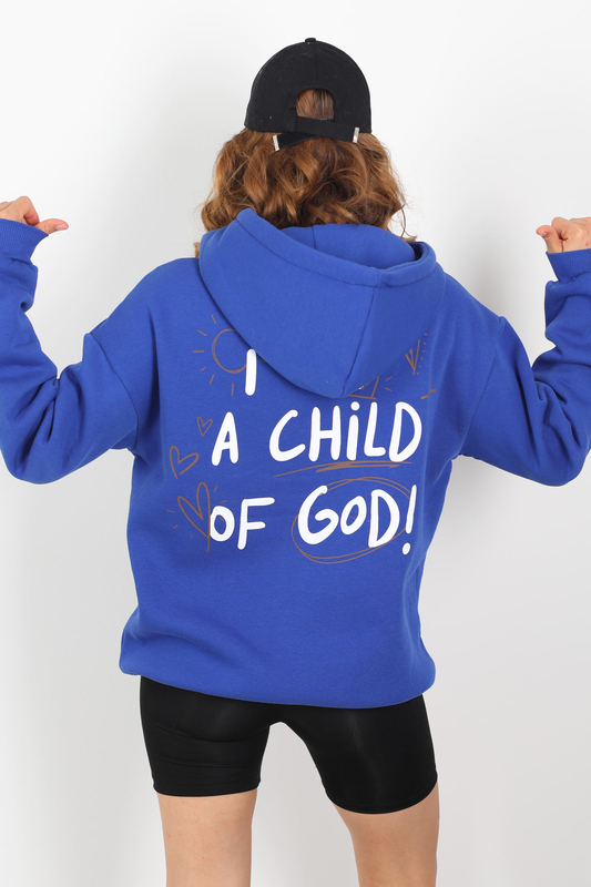 Ön Arka Baskılı Kapüşonlu Saks Mavisi Kadın Üç İplik Sweat - 4