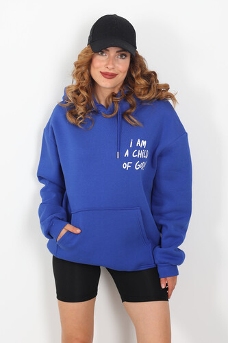 Ön Arka Baskılı Kapüşonlu Saks Mavisi Kadın Üç İplik Sweat - Berox