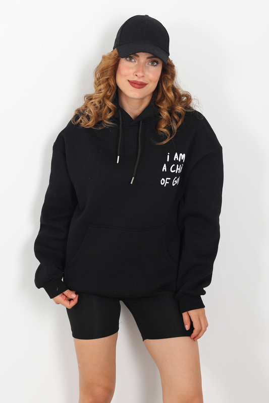 Ön Arka Baskılı Kapüşonlu Siyah Kadın Üç İplik Sweat - 1