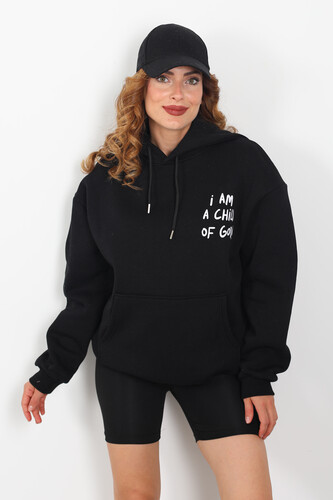 Ön Arka Baskılı Kapüşonlu Siyah Kadın Üç İplik Sweat - Berox (1)