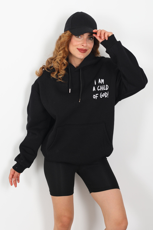 Ön Arka Baskılı Kapüşonlu Siyah Kadın Üç İplik Sweat - 3