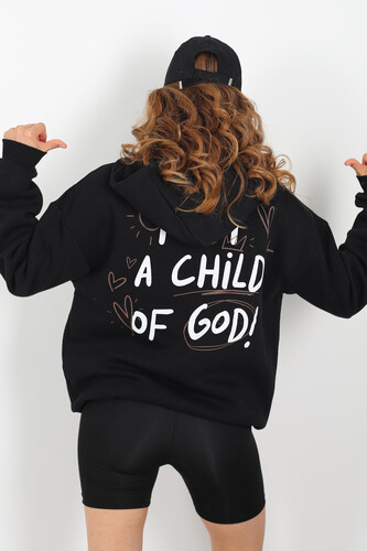 Ön Arka Baskılı Kapüşonlu Siyah Kadın Üç İplik Sweat - 4