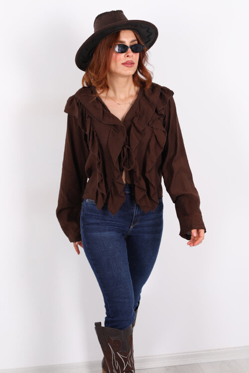 Ön Arka Fırfır Detaylı Kahverengi Kadın Bağlamalı Bluz - 8