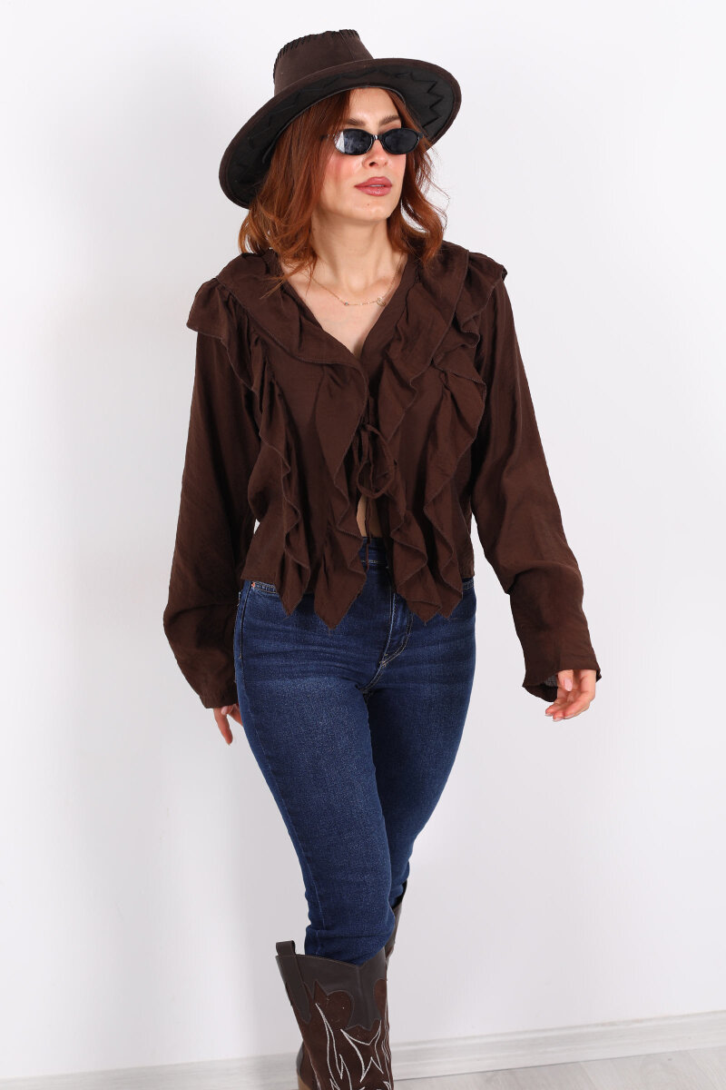 Ön Arka Fırfır Detaylı Kahverengi Kadın Bağlamalı Bluz - 8