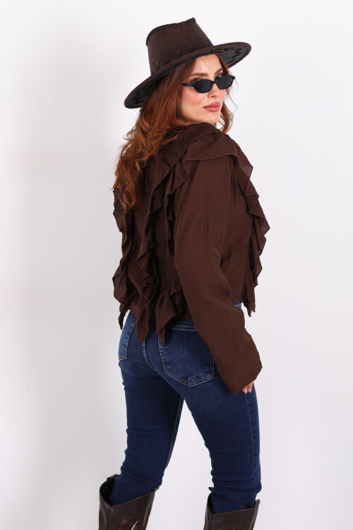 Ön Arka Fırfır Detaylı Kahverengi Kadın Bağlamalı Bluz - 6