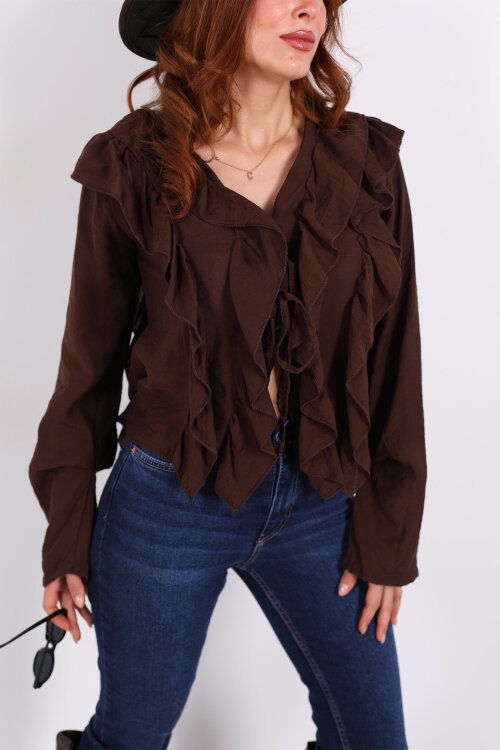 Ön Arka Fırfır Detaylı Kahverengi Kadın Bağlamalı Bluz - Berox (1)