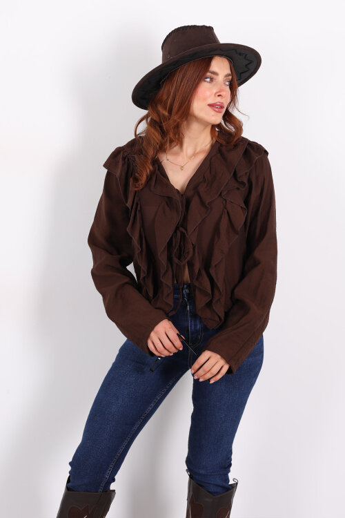 Ön Arka Fırfır Detaylı Kahverengi Kadın Bağlamalı Bluz - 7