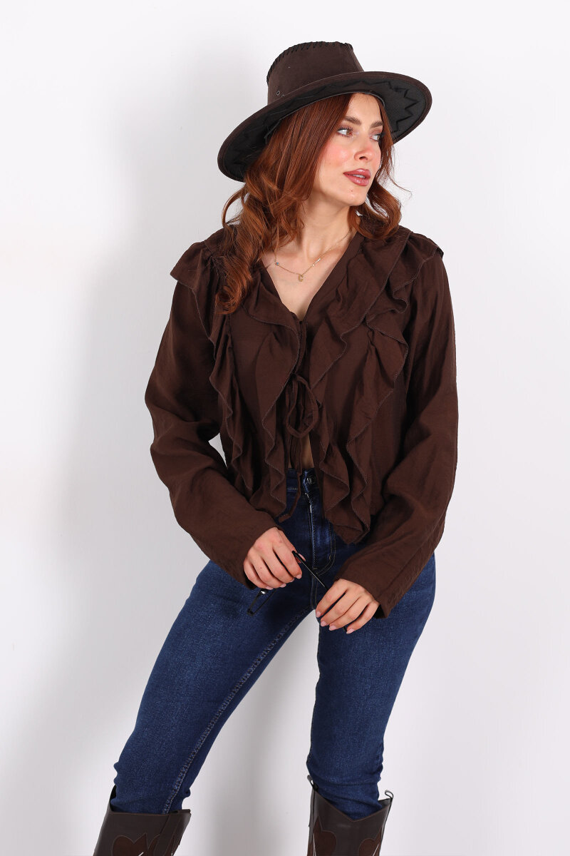 Ön Arka Fırfır Detaylı Kahverengi Kadın Bağlamalı Bluz - 7