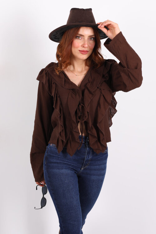 Ön Arka Fırfır Detaylı Kahverengi Kadın Bağlamalı Bluz - 3