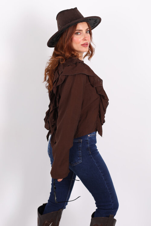 Ön Arka Fırfır Detaylı Kahverengi Kadın Bağlamalı Bluz - 4