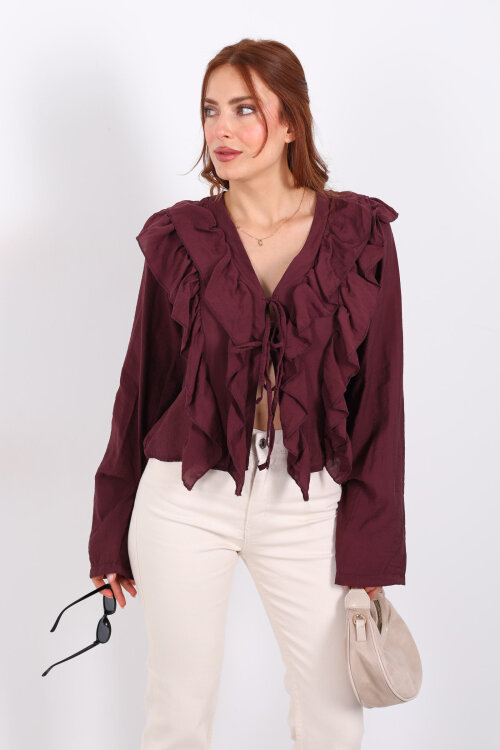 Ön Arka Fırfır Detaylı Mürdüm Kadın Bağlamalı Bluz - 7