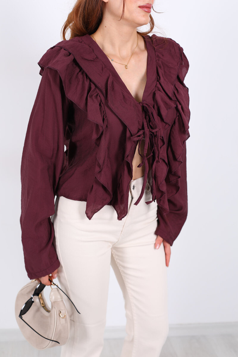 Ön Arka Fırfır Detaylı Mürdüm Kadın Bağlamalı Bluz - 2