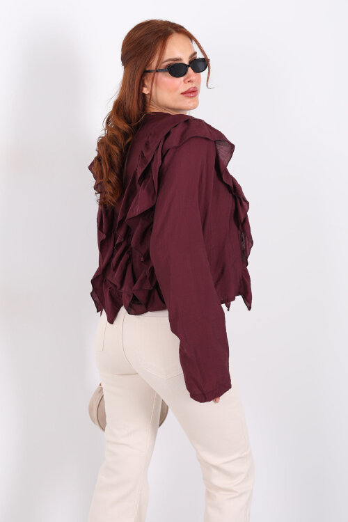 Ön Arka Fırfır Detaylı Mürdüm Kadın Bağlamalı Bluz - 6