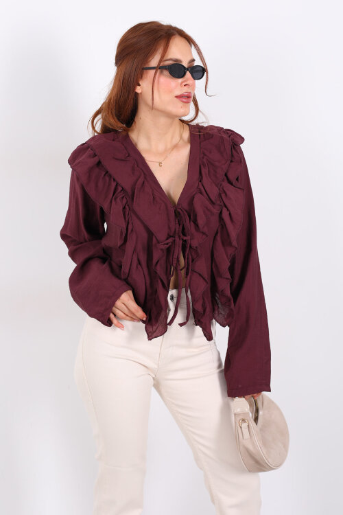 Ön Arka Fırfır Detaylı Mürdüm Kadın Bağlamalı Bluz - Berox