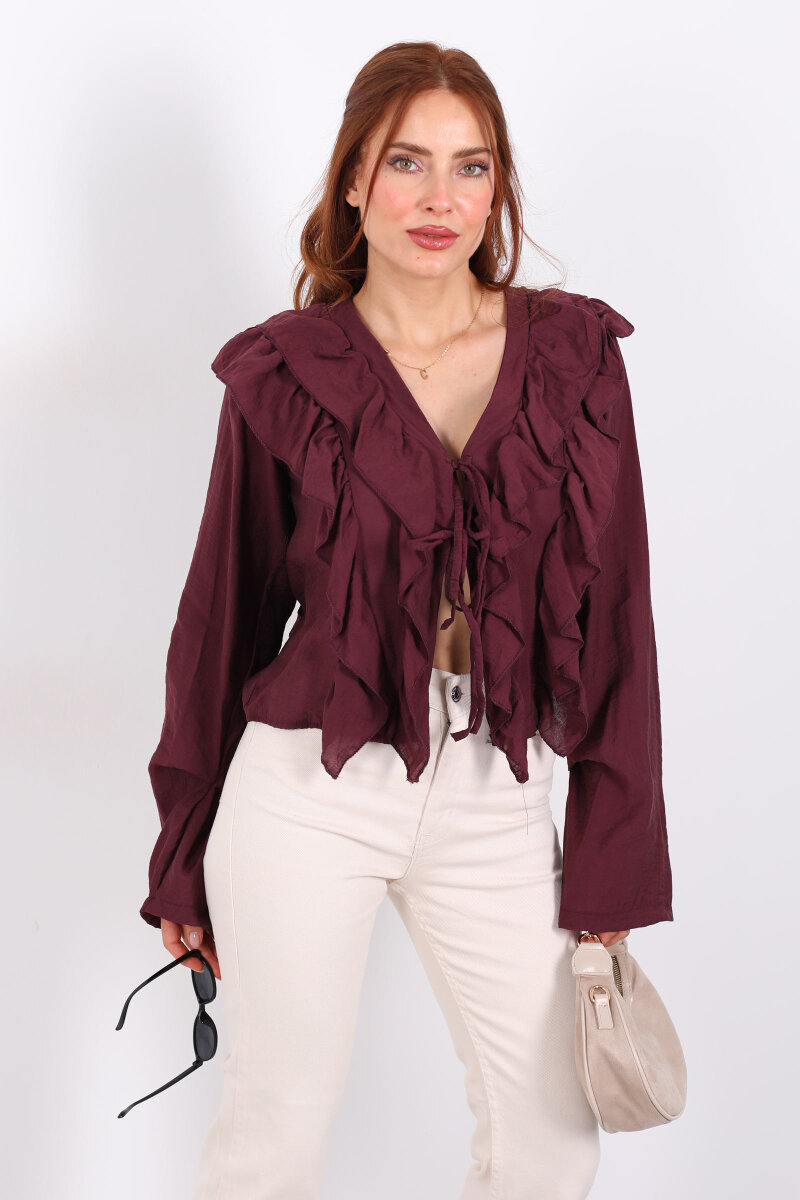 Ön Arka Fırfır Detaylı Mürdüm Kadın Bağlamalı Bluz - 8