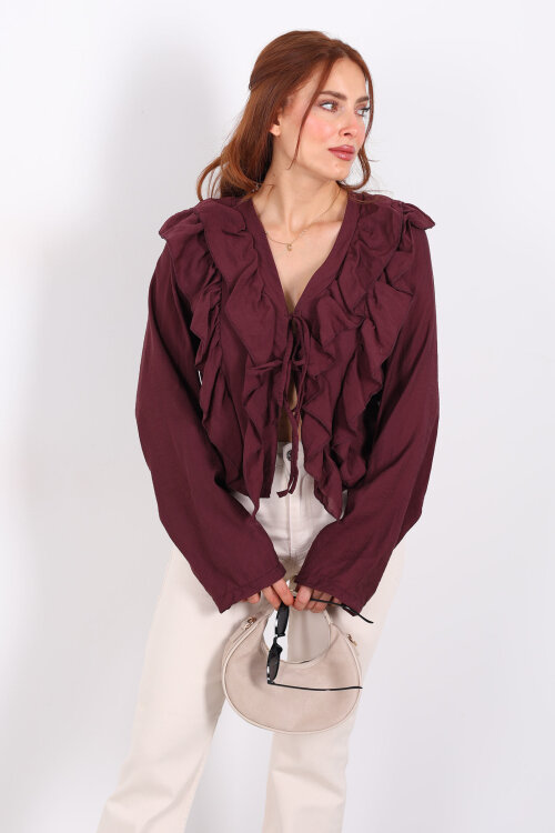 Ön Arka Fırfır Detaylı Mürdüm Kadın Bağlamalı Bluz - 3