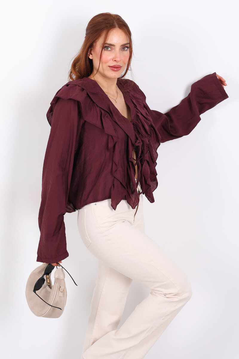 Ön Arka Fırfır Detaylı Mürdüm Kadın Bağlamalı Bluz - 4