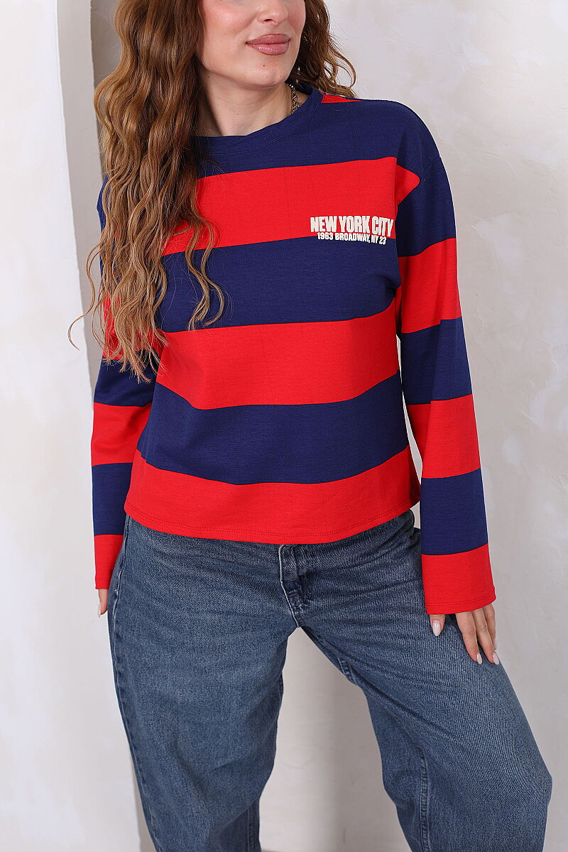 Ön Arka NYC Baskılı Çizgili Lacivert Kadın Sweatshirt - 4