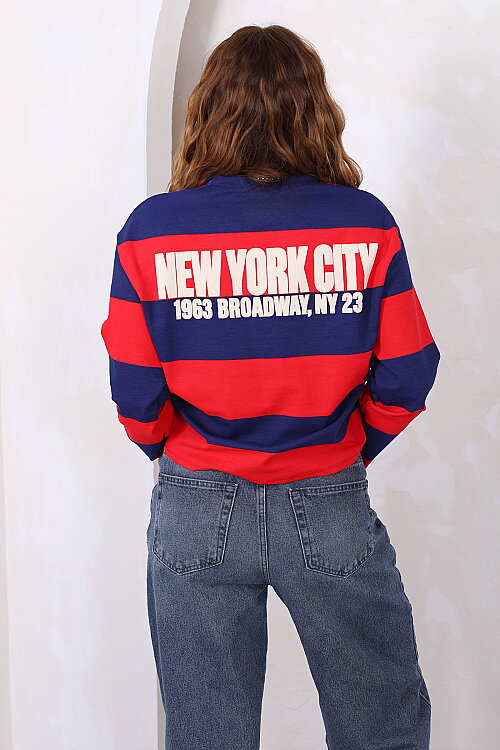 Ön Arka NYC Baskılı Çizgili Lacivert Kadın Sweatshirt - Berox (1)