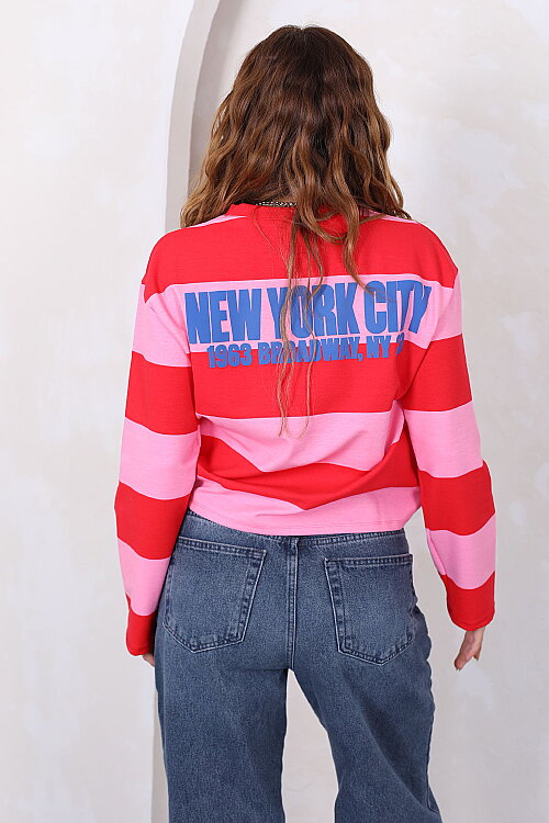 Ön Arka NYC Baskılı Çizgili Pembe Kadın Sweatshirt - Berox (1)