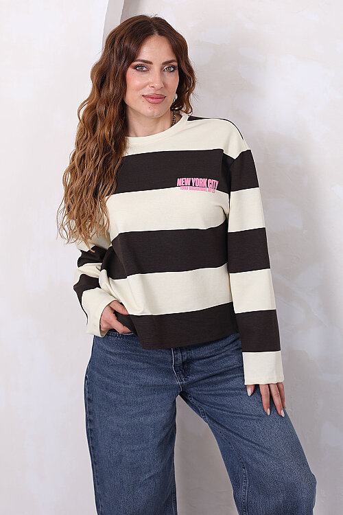 Ön Arka NYC Baskılı Çizgili Sarı Kadın Sweatshirt - 3