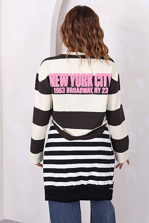 Ön Arka NYC Baskılı Çizgili Sarı Kadın Sweatshirt - Berox (1)
