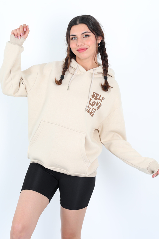 Ön Arka Self Love Baskılı Üç İplik Kapüşonlu Bej Kadın Sweat - 1