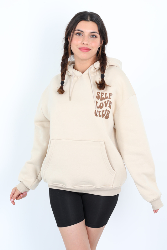 Ön Arka Self Love Baskılı Üç İplik Kapüşonlu Bej Kadın Sweat - 2