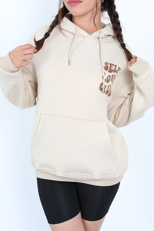 Ön Arka Self Love Baskılı Üç İplik Kapüşonlu Bej Kadın Sweat - 3