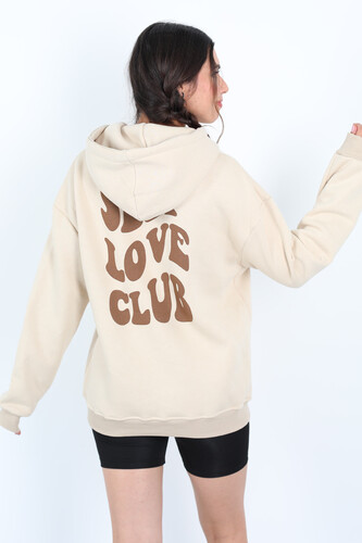 Ön Arka Self Love Baskılı Üç İplik Kapüşonlu Bej Kadın Sweat - 4