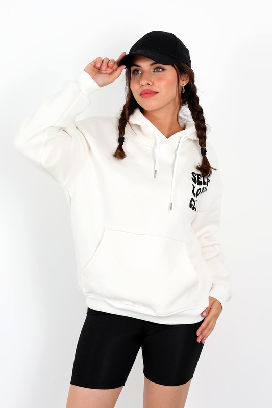 Ön Arka Self Love Baskılı Üç İplik Kapüşonlu Beyaz Kadın Sweat - 1