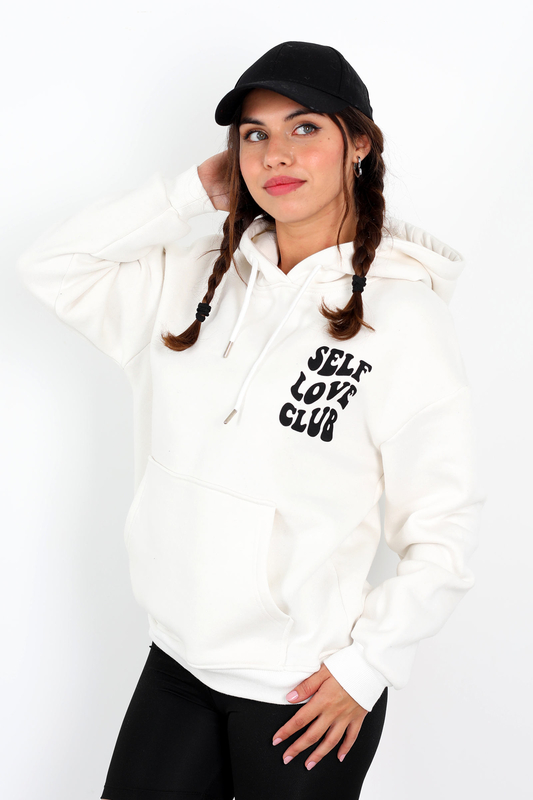 Ön Arka Self Love Baskılı Üç İplik Kapüşonlu Beyaz Kadın Sweat - 2