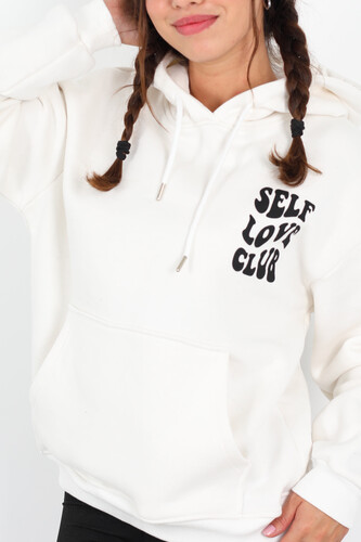 Ön Arka Self Love Baskılı Üç İplik Kapüşonlu Beyaz Kadın Sweat - 3
