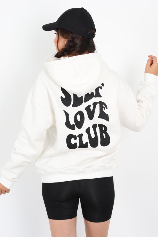 Ön Arka Self Love Baskılı Üç İplik Kapüşonlu Beyaz Kadın Sweat - 4