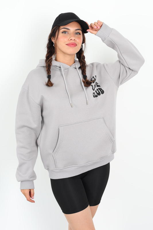 Ön Arka Self Love Baskılı Üç İplik Kapüşonlu Gri Kadın Sweat - 1