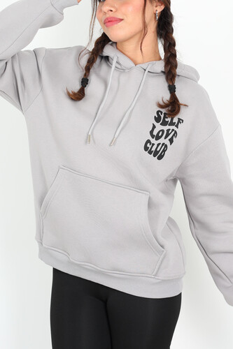 Ön Arka Self Love Baskılı Üç İplik Kapüşonlu Gri Kadın Sweat - 3