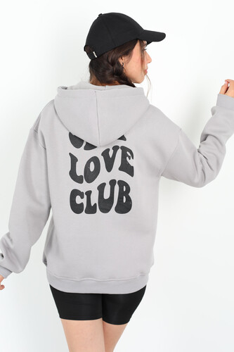 Ön Arka Self Love Baskılı Üç İplik Kapüşonlu Gri Kadın Sweat - 4
