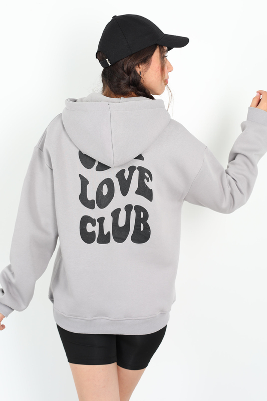 Ön Arka Self Love Baskılı Üç İplik Kapüşonlu Gri Kadın Sweat - 4
