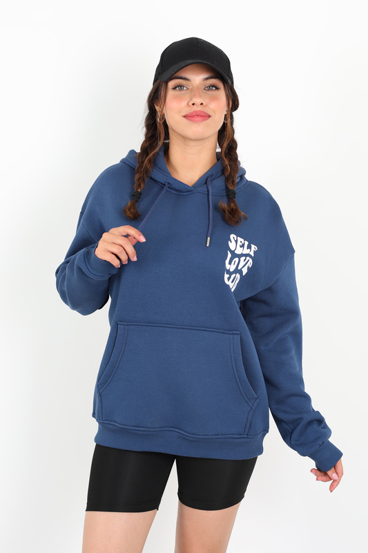 Ön Arka Self Love Baskılı Üç İplik Kapüşonlu Lacivert Kadın Sweat - 1