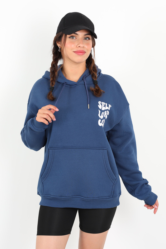 Ön Arka Self Love Baskılı Üç İplik Kapüşonlu Lacivert Kadın Sweat - 2