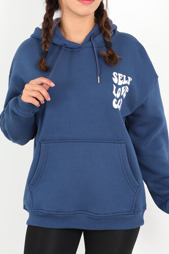 Ön Arka Self Love Baskılı Üç İplik Kapüşonlu Lacivert Kadın Sweat - 3