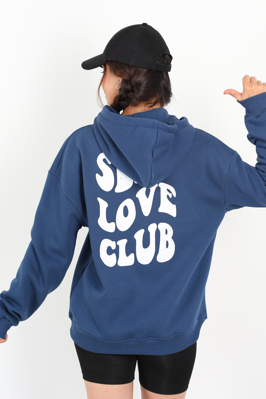Ön Arka Self Love Baskılı Üç İplik Kapüşonlu Lacivert Kadın Sweat - 4